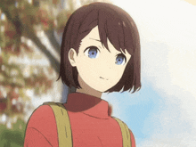 a girl with short brown hair and blue eyes is wearing a red sweater and backpack