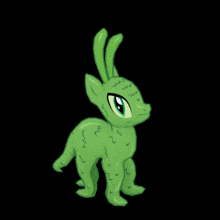 a cartoon drawing of a green animal with a black background