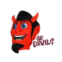 a red devil with horns and a beard is smiling and says go devils .