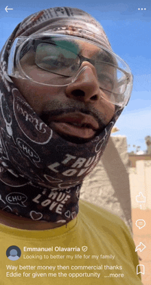 a man wearing glasses and a bandana with true love written on it