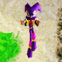 a pixel art of a purple jester standing on a sandy surface