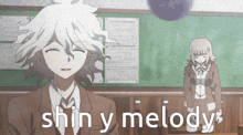 a man and a girl are standing in a classroom with the words " shiny melody " on the bottom