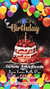 a birthday card with balloons and a cake with cherries and a candle