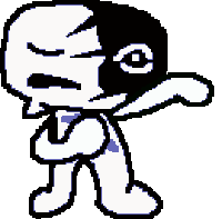 a pixel art drawing of a cartoon character wearing a baseball cap and a mask .