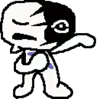 a pixel art drawing of a cartoon character wearing a baseball cap and a mask .
