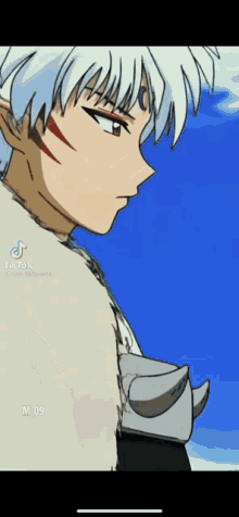 a picture of a anime character with a blue sky behind him