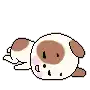 a pixel art of a dog laying on its back with a bubble coming out of its head .
