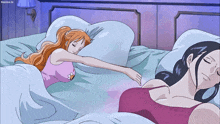 a cartoon of two women sleeping in a bed with the words sanime.tv in the corner