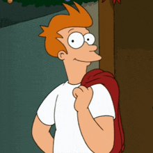 fry from futurama is smiling and holding a red scarf over his shoulder