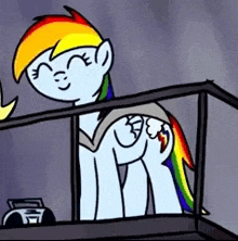 a cartoon of a rainbow dash sitting on a balcony with a boombox .