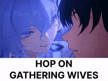 a picture of a man and a woman with the words hop on gathering wives above them