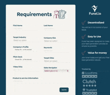 a screenshot of funel.io 's requirements page with a blue background