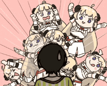 a cartoon of a man surrounded by a bunch of cartoon characters
