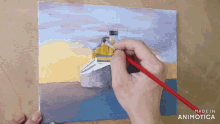 a painting of a ship is being painted on a piece of paper with the words made in animatica below it