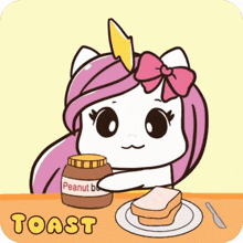 a cartoon of a unicorn eating toast with peanut butter