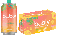 a can of bubly sparkling water next to a box of it