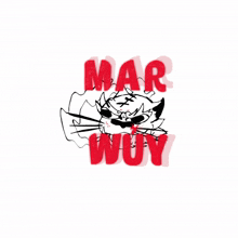 a drawing of a cat with the words mar wow in red letters