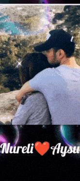 a man and woman hugging with the name nureli aysu on the bottom right