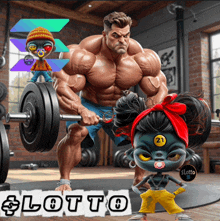 a man is lifting a barbell next to a girl with the number 21 on her face