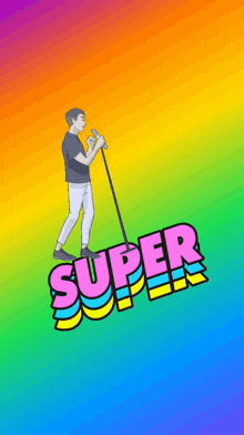 a man is singing into a microphone with the word super behind him