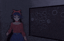 a girl is standing in front of a board with circles on it