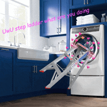 a laundry room with blue cabinets and a ladder that says " uwu step ladder what are you doing " on it