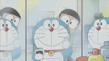 a cartoon of doraemon and nobita looking at their reflection in the mirror
