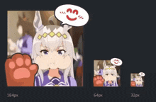 a picture of a girl with a paw and a speech bubble with a smile on it .