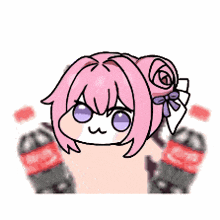 a cartoon of a girl with pink hair and purple eyes holding two bottles of coca cola .