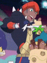 a cartoon character is standing in front of a table holding a plate of food .