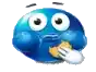 a blue smiley face is eating a cookie .