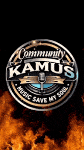 a logo for community kamus music save my soul is surrounded by flames