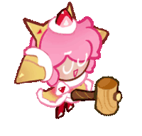a cookie run character is holding a wooden mallet .