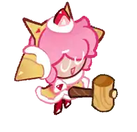 a cookie run character is holding a wooden mallet .