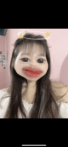 a girl with a cartoon face on her face and a ring around her head