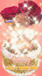 a birthday card for leidy with a cake and flowers