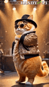 a cat wearing a hat sunglasses and a jacket is standing on a stage with the words handy 53 above it