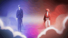 a man in a suit and a man in a red kimono are standing next to each other in a dark room