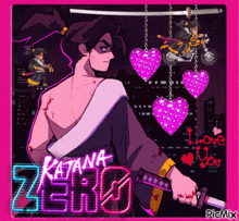 a drawing of a man holding a sword with katana zero written on the bottom