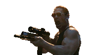 a man wearing sunglasses is holding a gun and shouting .