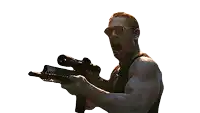 a man wearing sunglasses is holding a gun and shouting .