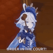 a girl with white hair and a crown on her head is standing in front of a red wall .