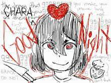 a black and white drawing of a girl with a red heart on her head and the words " the demon that chased you "