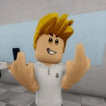 a roblox character is giving the middle finger in a video game .
