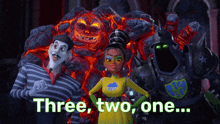 a group of cartoon characters are standing next to each other with the words three two one written on the bottom