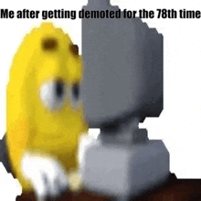 a yellow cartoon character is looking at a computer screen .