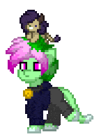 a pixel art drawing of a person riding on the back of a pony