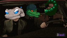 a cartoon of a man driving a car with a robot and a crocodile behind him