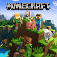 a poster for the video game minecraft shows a group of characters standing on top of a hill