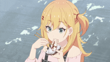 a girl with blonde hair and blue eyes is holding a plate of food with chopsticks